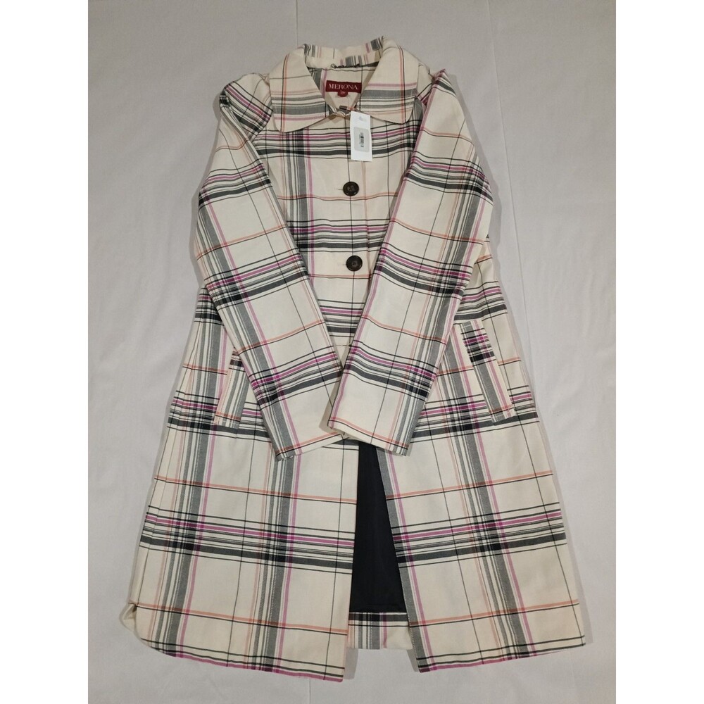 Merona Womens S/P Black Cream Trench Coat Jacket Pleated W/ Pockets, Lined, NWT - Picture 3 of 7